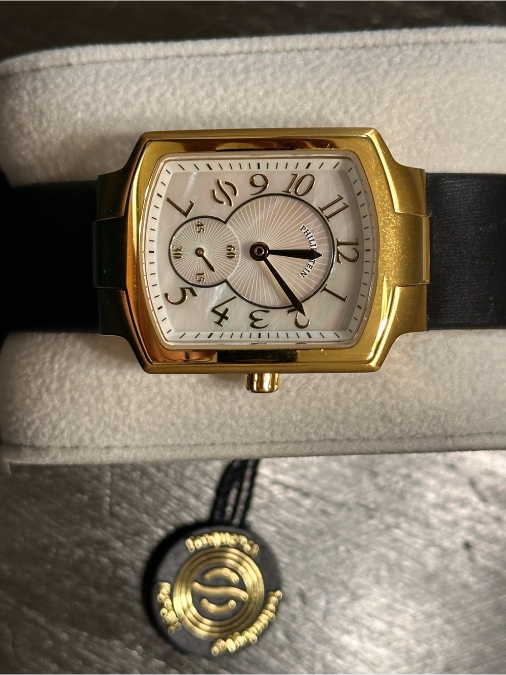 Philip Stein Gold-Tone Case Mother-of-Pearl Dial Black Leather Strap Watch